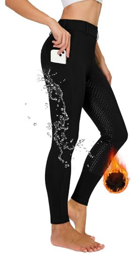 Havideto Winter Reitleggings Damen Vollbesatz Thermo Reithose Damen Fleece Gefüttert Wasserdicht mit Handytasche Gürtelschlaufen Schwarz XXL
