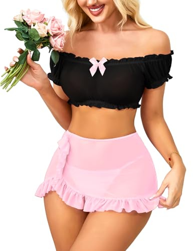 EVELIFE Dessous Damen Sexy Unterwäsche Sets Babydoll Dessous Unterwäsche Spitze Off-Schulter Crop Top Falten Minirock Romantische Frauen Dessous Sets (Schwarz, M)