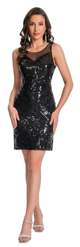 ABEHIK Paillettenkleid f�r Damen Sexy Kurz Partykleid Illusions-Rundhalsausschnitt Glitzernde Kleid f�r Musikfestival Abendkleid Curvy Minikleid Clubwear schwarz S