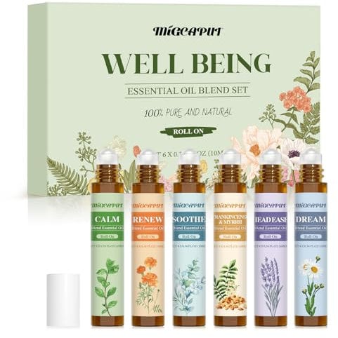 Migcaput Ätherische Öle Set Roll On 6X10ml, Aromatherapie Ätherische Ölmischung Roller Geschenkset - Beruhigen, Erneuern, Lindern, Guter Schlaf, Kopfschmerzlindern, Weihrauch und Myrrhe