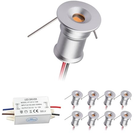 HHTUN 902 LED Downlight DC12V 1W, geeignet für Bücherregale, Schränke und verschiedene Anzeigeschränke als dekorative Lichter, eingebettete Installation, mit Stromversorgung (3000K, Silber, 9Pack)