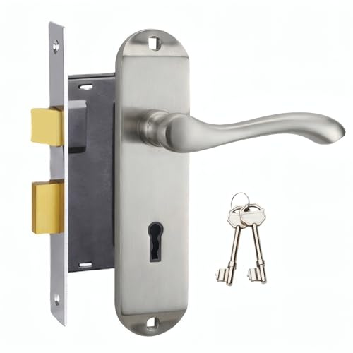 HENYIN Nickel Brushed Bedroom Door Lock Set, Entry Door Lock Set with Key, Backset 57MM(Z01-ET-57-NB)