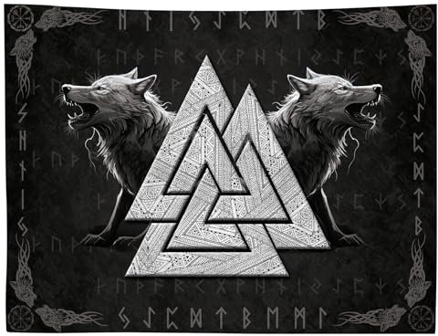 WIERAEM Wikinger Wandteppich, Wolf Totem Schwarz Weiß Meditation Runen Wandtuch, Nordische Mythologie Viking Wandteppich, für Schlafzimmer Wohnzimmer Wandbehang Deko (118inX70in)