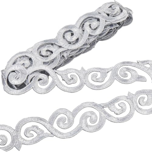 GORGECRAFT 3.8 m Silberne Spitze Zum Aufbügeln Applikation Metallischer Kleber Florale Wolke Dekorative Stickerei 4cm Gewebte Blumenstoffbänder Zum Nähen Brautschmuck DIY Bastelarbeiten Kleidungsstück