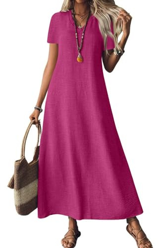 HSUAYEUD Robes en Lin pour Femmes 2025, Robe Longue à col en V et Manches Courtes, Robe de Plage avec Poches d'été décontractée, Longue et Fluide