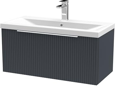 Balterley Vanity Unit with Basin Wall Hung, Single Drawer Soft Close with Mid Edge Sink and Handle, Bathroom Vanity Units with Basin, Fluted Front Sink Cabinet - 810 x 390 x 399mm (Dark Grey)