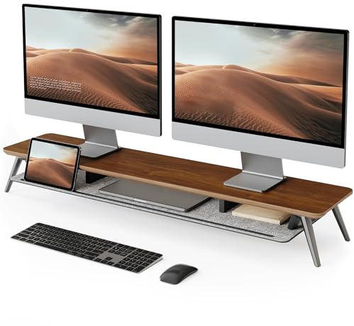 Fenge Support Ecran PC 108cm, Bois Massif Multicouche, Moniteur TV, Marron | 2 Appareils, Charge 45kg, Rainure Téléphone Tablette Stylo, Feutre, Gestion Câbles, Pieds Alu, Écran Ordinateur Bureau Maison