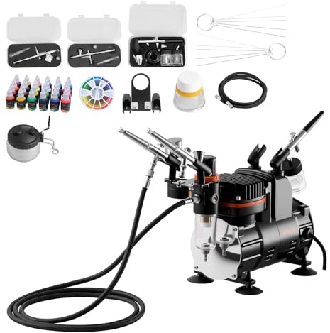 VEVOR Set Aerografo 1/6 HP con Compressore d'Aria, 3 Spruzzatori Aerografo a Doppia Azione con 3 Ugelli (0,3/0,3/0,35 mm) Flusso d'Aria 20-23 L/min, per Decorazione di Torte, Pittura di Modelli