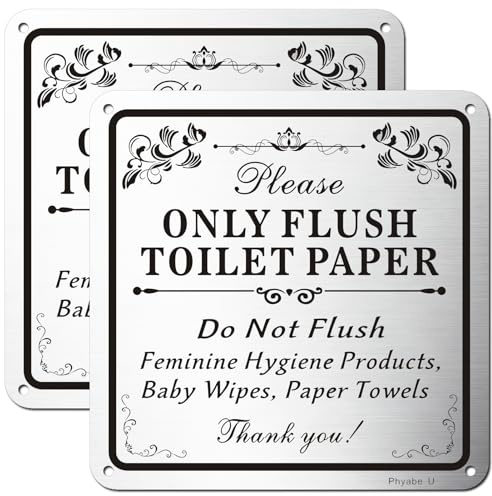 Phyabe Lot de 2 panneaux de papier toilette Only Flush avec autocollant, 15 x 15 cm, en aluminium antirouille, résistant aux intempéries, imperméable, encre durable, facile à installer