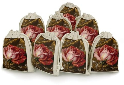 Cotton Muslin Bag 8 Pack Drawstring Gift Bags Reusable Red Rose Floral Gift Pouches for Party Favors Jewelry Spice Sachet Birthday Party Bridal Shower Wedding Home Storage 5 X 7 Inch