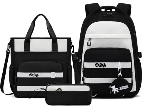 Amythe Schulrucksack Mädchen Teenager, 3-tlg. Leichter Schulranzen, Weiß | Schultasche Set für Mädchen 5.-12. Klasse mit Umhängetasche Federmappe, Wasserdichter Rucksack Tagesrucksäcke, Schulstart