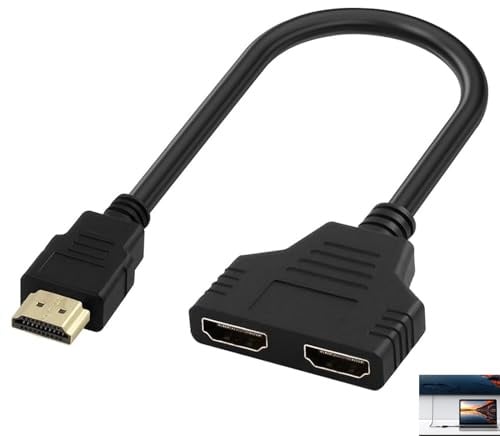 Adaptador HDMI Splitter, Divisor HDMI 1 Entrada 2 Salidas Macho a Doble Hembra 1080P, Cable Duplicador 1 Entrada a 2 Salidas para TV, Monitor y Proyector, Uso Alternativo no Simultáneo, Chapados Oro