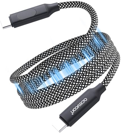 aceyoon Cable magnético USB C, cable magnético USB-C a USB-C de 1,5 m, 240 W, nailon trenzado tipo C PD, cable de carga rápida con pantalla LED para iPhone Galaxy S24/S23 MacBook iPad