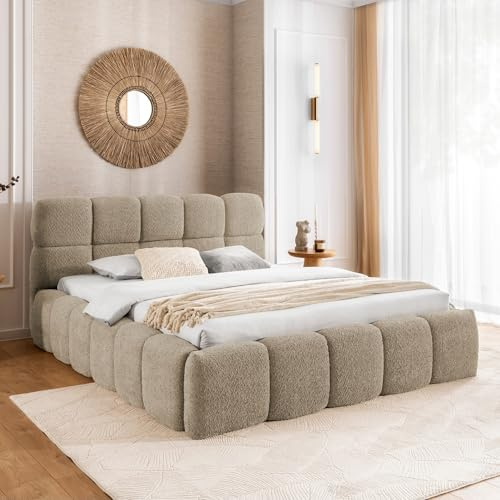 Home Collective Polsterbett Doppelbett Bubble Bett mit Stauraum viele Größen und Farben | inkl. Metall-Lattenrost | bodennahes Design Schlafzimmer Jugendzimmer Möbel | Beige 140x200 cm