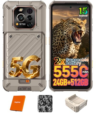 RUGONE Xever 7 Rugged Smartphone 5G, 2×5550mAh Swappable Battery 33W, 24GB+512GB/2TB, 50MP+64MP Night Vision, 120Hz 6.67 FHD+, TorchX 230 LM, Rugged Phone Android 15 Sand Dune
