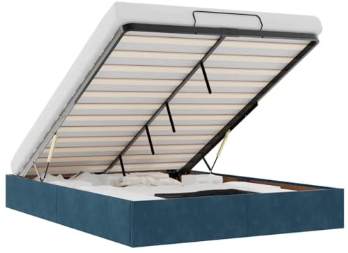 Qnhdfrt Polsterbett 140x200 cm mit Bettkasten, Ottoman Bettgestell aus weichem Samt, hydraulisch klappbares Bett mit Lattenrost, Stabiler Rahmen, Farbe Dunkelblau
