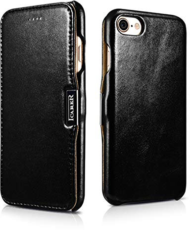 ICARER Tasche passend für Apple iPhone SE 2022 5G, iPhone SE 2020, iPhone 8, iPhone 7, 4.7 Zoll, Case mit Echt-Leder, Schutz-Hülle aufklappbar, Ultra-Slim Cover, Etui im Vintage Look, Schwarz