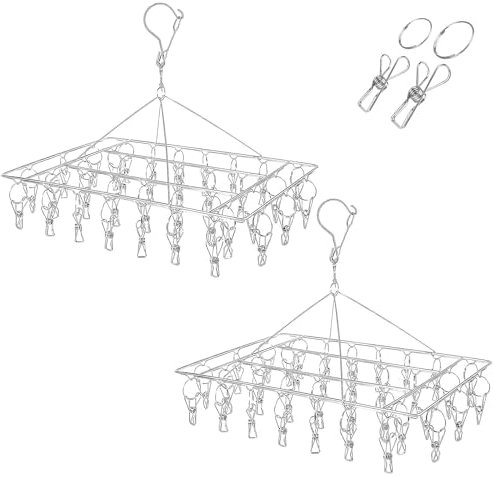 Qualsen Sock Hanger for Washing Line, 2 Pack Underwear Hanger,Folding Sock Dryer,Peg Airer,Stainless Steel Metal Clothes Pegs with 36 Pegs for Drying Baby Clothes,Cloth Diapers,Bras,Towel,Hat,Scarf