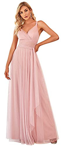 Ever-Pretty Robe de Soirée Longue Col V Cérémonie Demoiselle d'honneur Tulle Femme Rose Nude 56