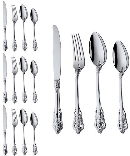 WULUN Edelstahl Besteck-Set Barock 16-teilig für 4 Personen mit Messer Gabel Löffel Kaffeelöffel, Antik Königliche Stil, Spülmaschinenfest