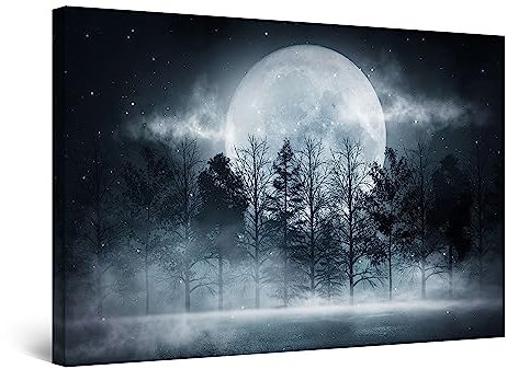 Startonight Cuadro Moderno en Lienzo - Luna Llena y Árboles - Pintura Abstracta para Dormitorio, Impresiones Enmarcadas 60x90 cm, Decoración Pared, Idea de Regalo Elegante Efecto Día y Noche