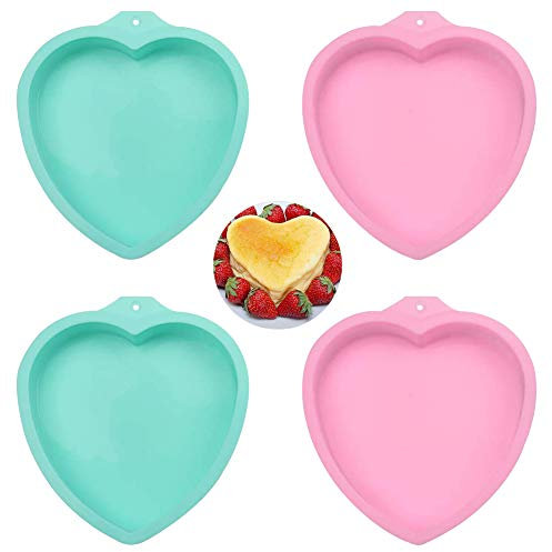 4Pcs Silicone Cake Pan Molds, Heart Shaped Cake Mould Pastry Baking Tray 6 Inch Layer Cake Pan Set Silicone Rainbow Cake Tins Moulds Pie Pizza Molds Non Stick Bakeware (Pink + Green)