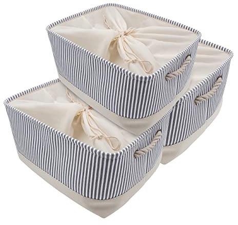 Mangata Faltbare Stoff Aufbewahrungsboxen, Leinwand Aufbewahrungskörbe für Regale Schrank Kleiderschrank, 3er Pack (Grauer Streifen, Jumbo)