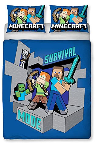 Minecraft Survive - Funda de edredón con licencia oficial, diseño reversible de 2 caras con funda de almohada a juego, polialgodón, color azul (doble)