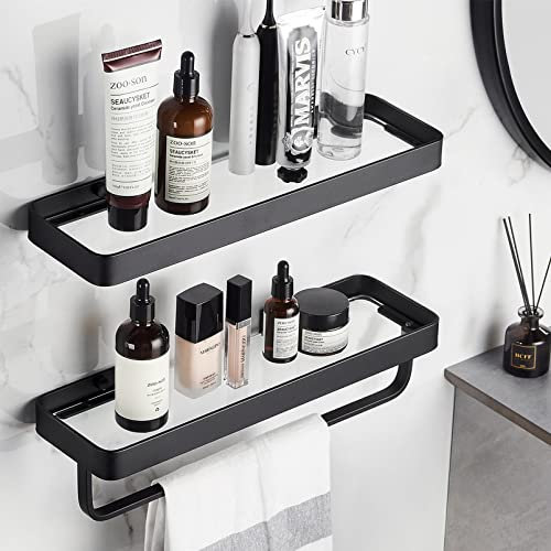 VOLPONE Badezimmerregale, Wandmontage, Glasregal für Badezimmer, schwebendes Regal, gehärtetes Glas, schwarz, Badezimmer-Wand-Organizer, 2-stöckig