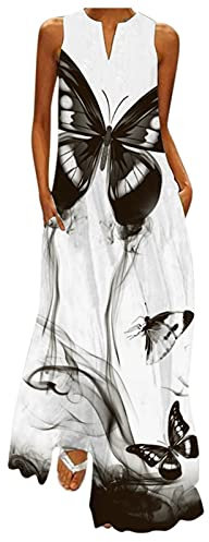 Dasongff Maxi Robe Femme éTé, Robe De BalançOire, Femmes col en V rétro imprimé Longue bohème Fronde Robe sans Manches Dames Plage été été Longue Robe Robe de Gilet Grande Taille