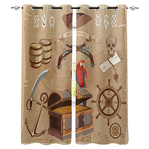 ADKMC Blickdichte Vorhänge, Verdunkelungsvorhang - Pirat Papagei Schatz Schädel 170X200Cm - Blickdichter Vorhang Mit Ösen, Polyester Mit 3D-Druck, Für Schlafzimmer, Geräuschreduzierung 2 Stück