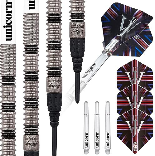 Unicorn S/T Tung 20 g Dart-Set, James Wade, Premier, 90/70% Wolfram, Stahlspitze & weiche Spitze, 18g bis 24g, Silber/Gelb