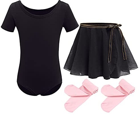 Kinder Mädchen Ballettkleidung Baumwolle Kurzarm Balletttrikot Turnanzug Tanzbody + Chiffon Wickelrock Tütü Rock Tanzkleid + Strumpfhose 3tlg Ballettanzug Schwarz 8-9 Jahre