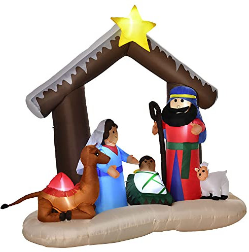 HOMCOM Presepe di Natale Gonfiabile 183cm con 5 Luci LED e Gonfiatore Integrati, Decorazione Natalizia da Esterno