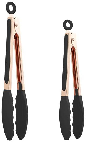 Kitchen Tongs-Rose Gold Food Tongs Copper Stainless Steel Silicone Tipped-Barbecue Cooking Tongs Set-22CM+30CM BBQ Tongs for Non Stick,Can Locking,Grill Tongs (Black).