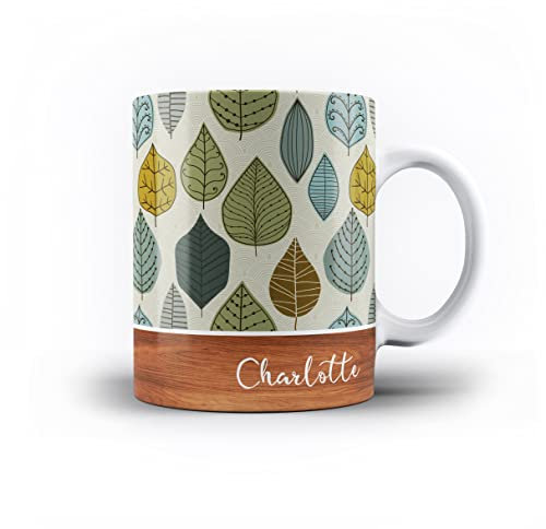 Personalised Floral & Leaf Pattern with Name on Wood Design 11oz Ceramic Mug - 7. Leaf Pattern