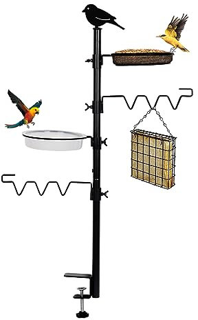 HRAYLTOP Deck Bird Feeder Station Kit Deck Bird Bath Hook Bird Feeding Pole, Steel Multi Railing Hanging Kit, Bird Feeder Stand Porch Planter Hanger for Attracting Wild Birds(Black)