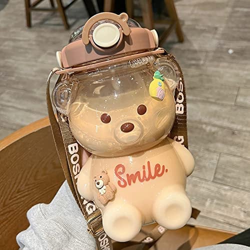 Oso Kawaii Botella de 1 litro – Botella a prueba de fugas, botella de oso para niños, con pegatina Kawaii y correa para el hombro, botella de agua portátil para niños, para la escuela, viajes, picnic