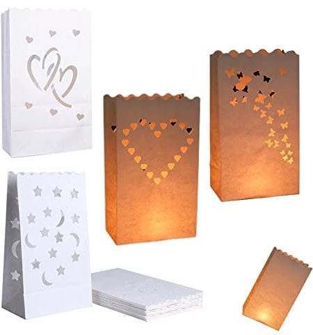 20 Stück Papier Lichttüten Lichtertüten Candle Bags Weiße Kerzentüten Teelichter Kerzen Laternen für Party Tischdeko Events Valentinstag Verlobung Hochzeit Weihnachten