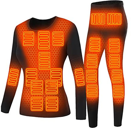 Winter Electric Heated Underwear Set Motorcycle Clothing Women Fleece Thermal Tops Pants 22 Area Ski Heating Body Suit,Black,3XL(Bust:100cm)