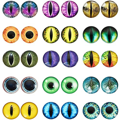 CHGCRAFT 30Pcs Luminous Cat Eyes Glass Cabochons Glow in The Dark Half 15 Style Round Animal Eyes Flatbacks Googly Eyes for DIY Craft Necklace Bracelet Making, 20mm