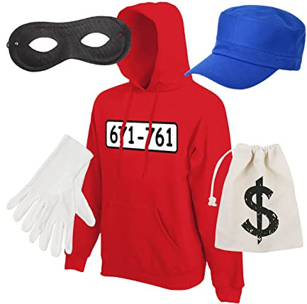Alsino Panzerknacker Kostümset - Roter Hoodie mit Mütze, weißen Handschuhen, schwarzer Maske und Geldbeutel - Perfekt für Karneval, Fasching und Mottopartys, L