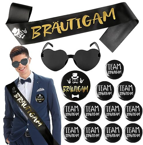 JGA Deko Männer Bräutigam Schärpe Abzeichen Button mit 11 Team Bräutigam Buttons 1 Brille Junggesellenabschied Männer Deko Bachelorette Party Accessoires Abzeichen Mitgebsel Partyzubehör Schwarz Gold