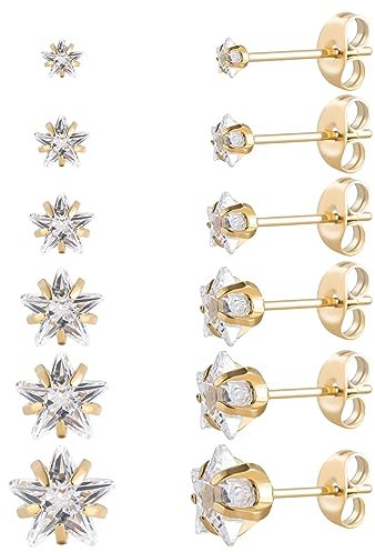 Lot de 6 paires de clous d'oreilles en acier inoxydable chirurgical avec vis arrière plaqué or 18 carats en forme de cœur, étoile, carré, coupe princesse, rondes, zircons cubiques blancs, pour femme,