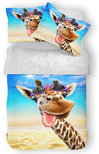 Zomer Bettwäsche 155 x 220 cm Lustig Giraffe & Strand Motiv Bettbezug Set 3teilig Weich Mikrofaser Bettwäsche Deckenbezug - 1 Flauschige Bettbezug und 2 Kissenbezug 80x80cm