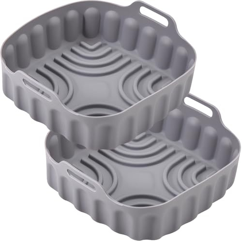 BEITSLEE Silicone Air Fryer Liner Square, 2 Pack 8.46 Inch Silicone Baking Basket/Tray, Reusable Air Fryer Accessorie, Grey
