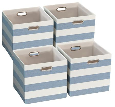 ORGMASTER Collapsible Fabric Storage Cubes, Cubby Storage Organizer Bins Striped Container Baskets for Home Office Wardrobe Closet Shelf, 4 Pack, 33 x 33 x 33 cm, Blue/White