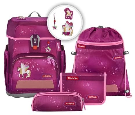 Step by Step Schulranzen-Set Cloud Schleich, bayala®, Geflügeltes Regenbogeneinhorn, 5-teilig, rosa, ergonomischer Tornister, Reflektoren, höhenverstellbar mit Hüftgurt, 1. bis 4. Klasse, 19l