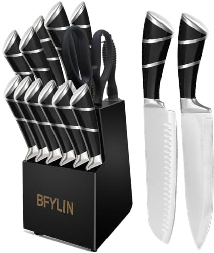 BFYLIN Messer set, 15 Teiliges Küchenmesser set mit Holzblock, Messer block set,Santokumesser Kochmesser Brotmesser Schälmesser Steakmesser Anspitzer (15 Stücke Set Schwarz)