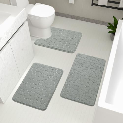 chakme Cobblestone Lot de 3 tapis de salle de bain en mousse à mémoire de forme épais et antidérapants pour baignoire, WC et sol Gris clair